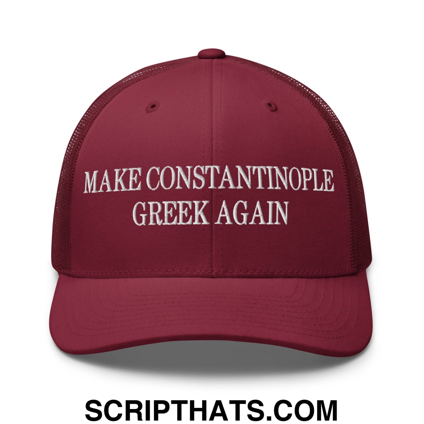 Make Constantinople Greek Again Embroidered Mesh Trucker Hat Cranberry