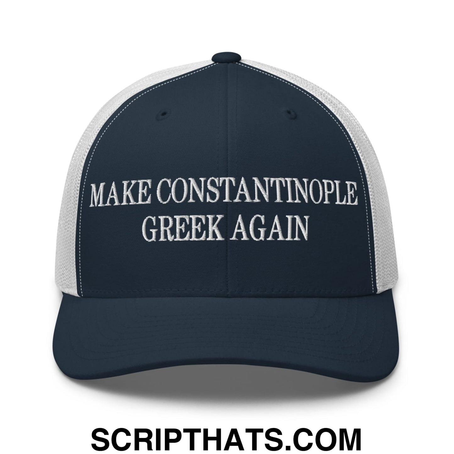 Make Constantinople Greek Again Embroidered Mesh Trucker Hat Navy White