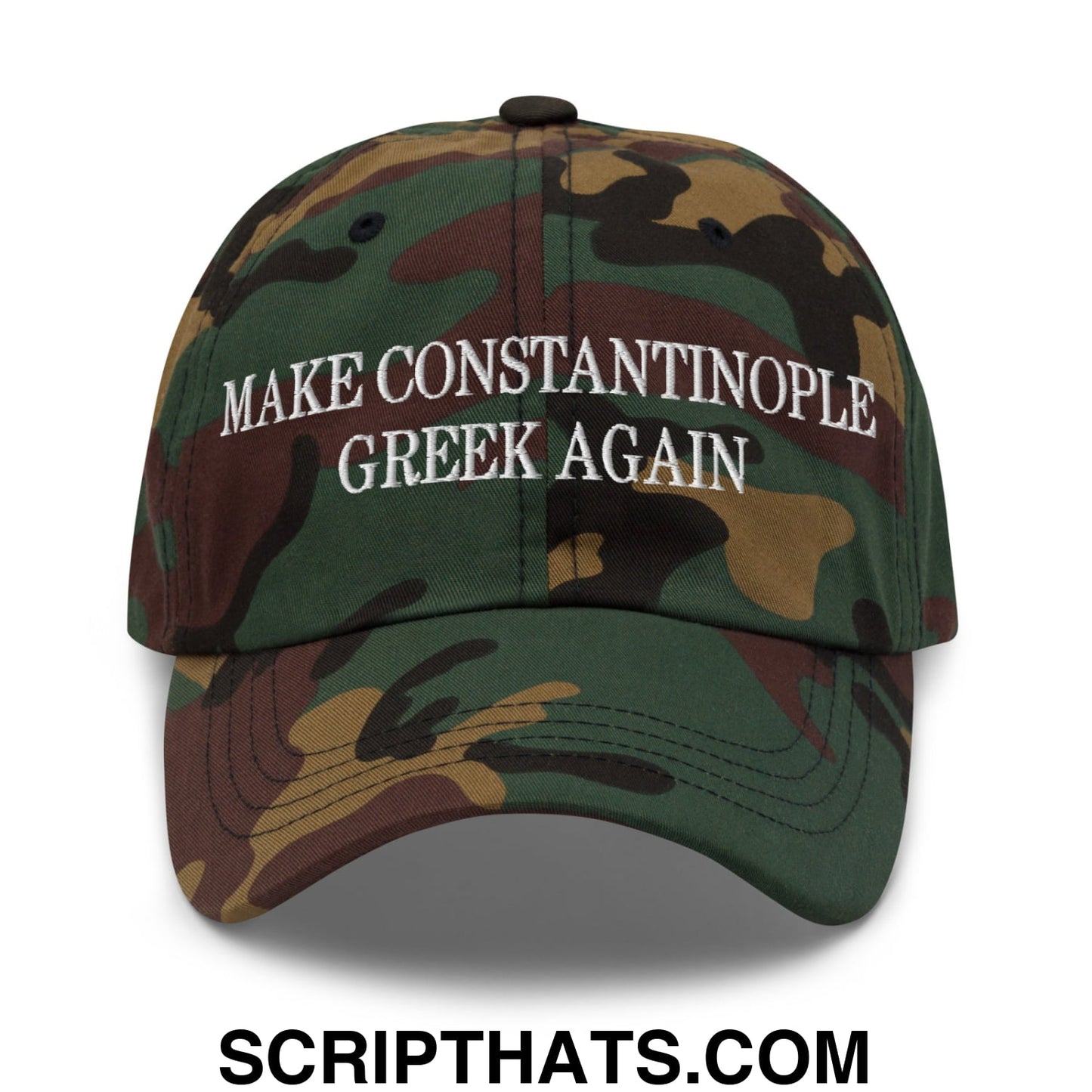 Make Constantinople Greek Again Embroidered Unstructured Dad Hat Green Camo