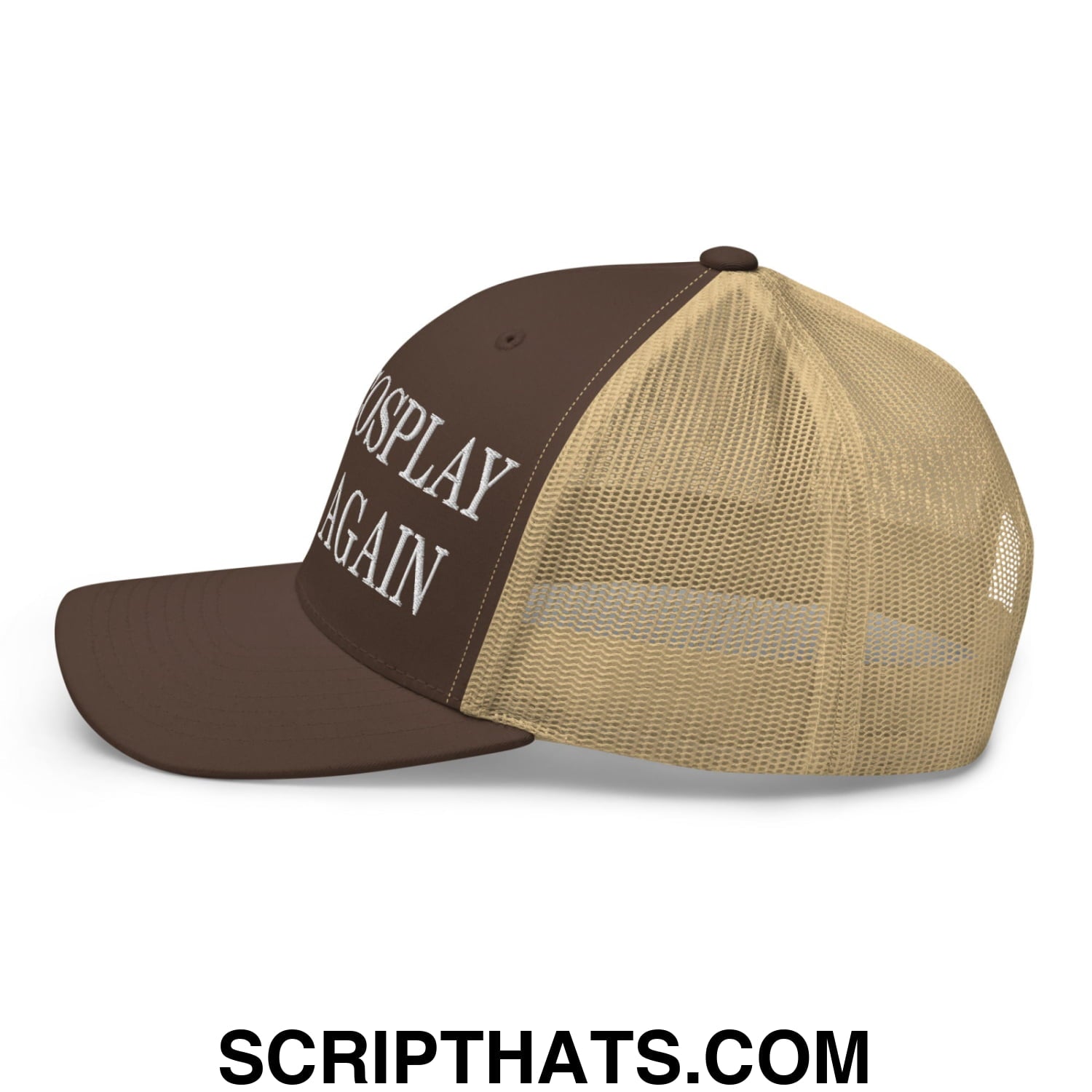 Make Cosplay Great Again Embroidered Mesh Trucker Hat Brown Khaki