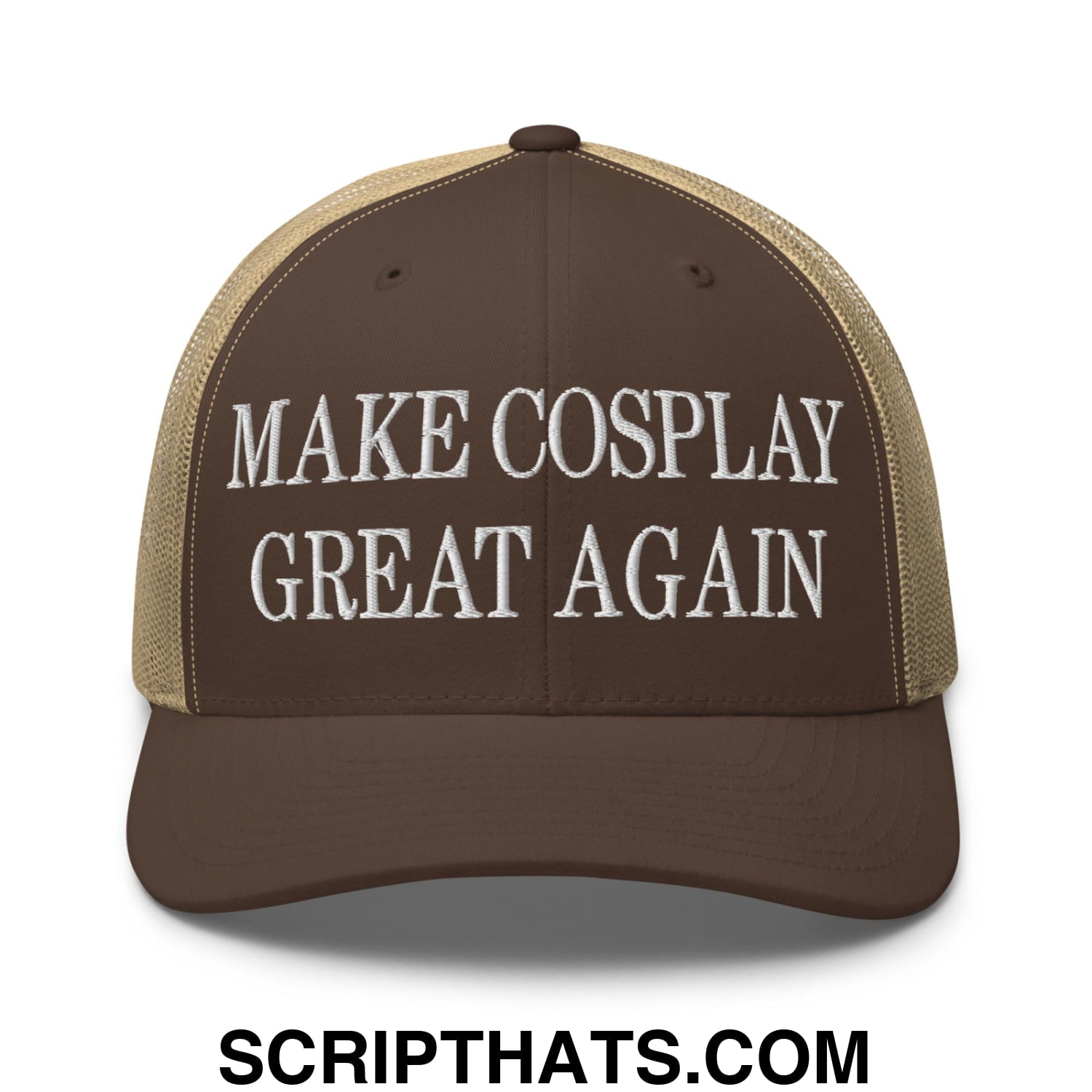 Make Cosplay Great Again Embroidered Mesh Trucker Hat Brown Khaki