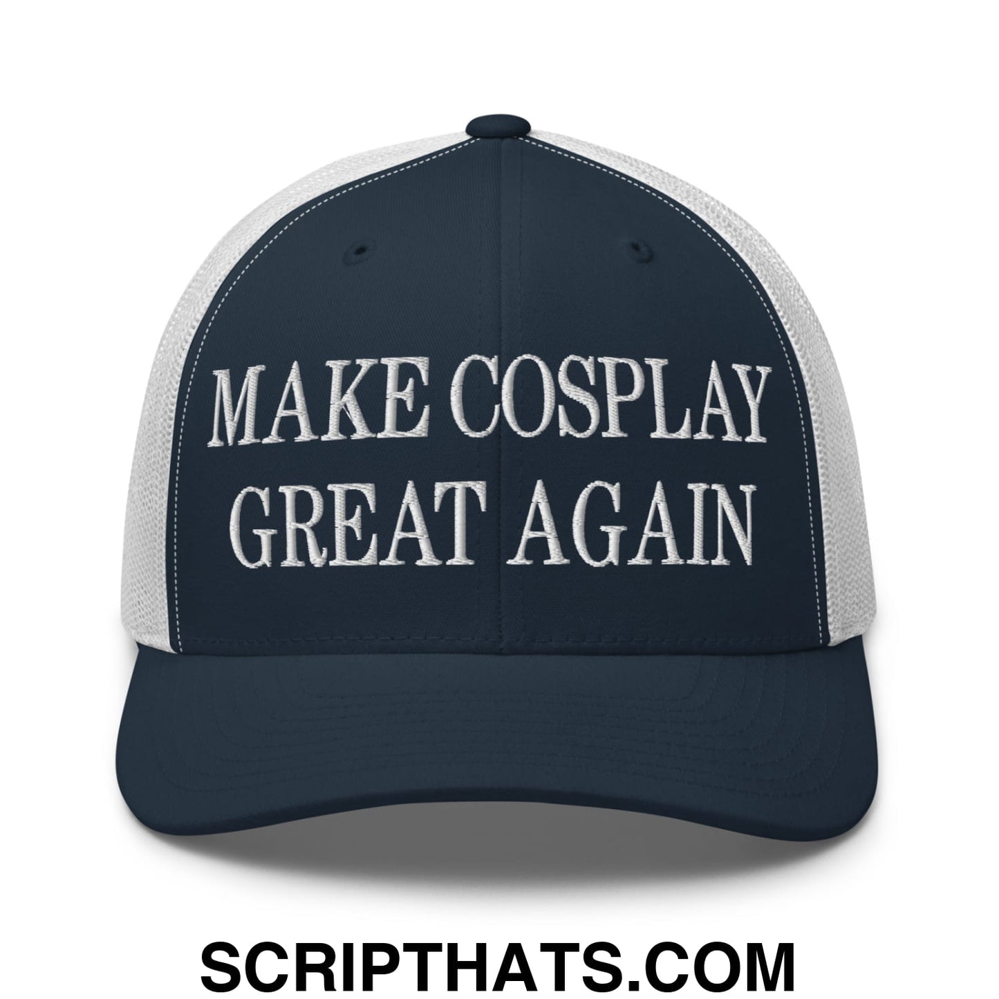 Make Cosplay Great Again Embroidered Mesh Trucker Hat Navy White