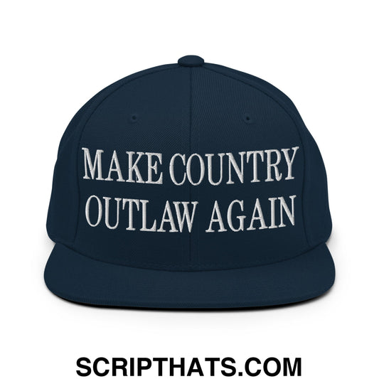 Navy blue snapback hat with white embroidered make country outlaw again text and flat bill brim design