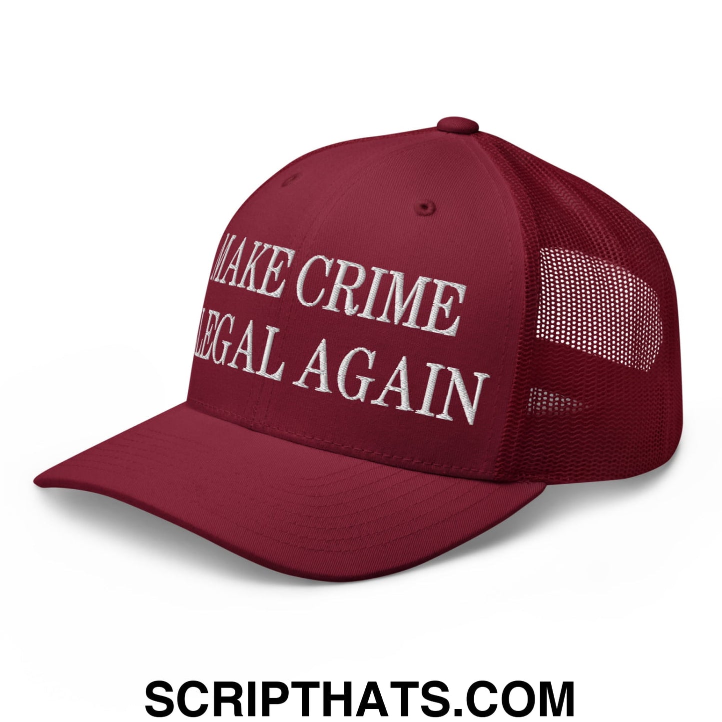Make Crime Illegal Again Embroidered Mesh Trucker Hat Cranberry