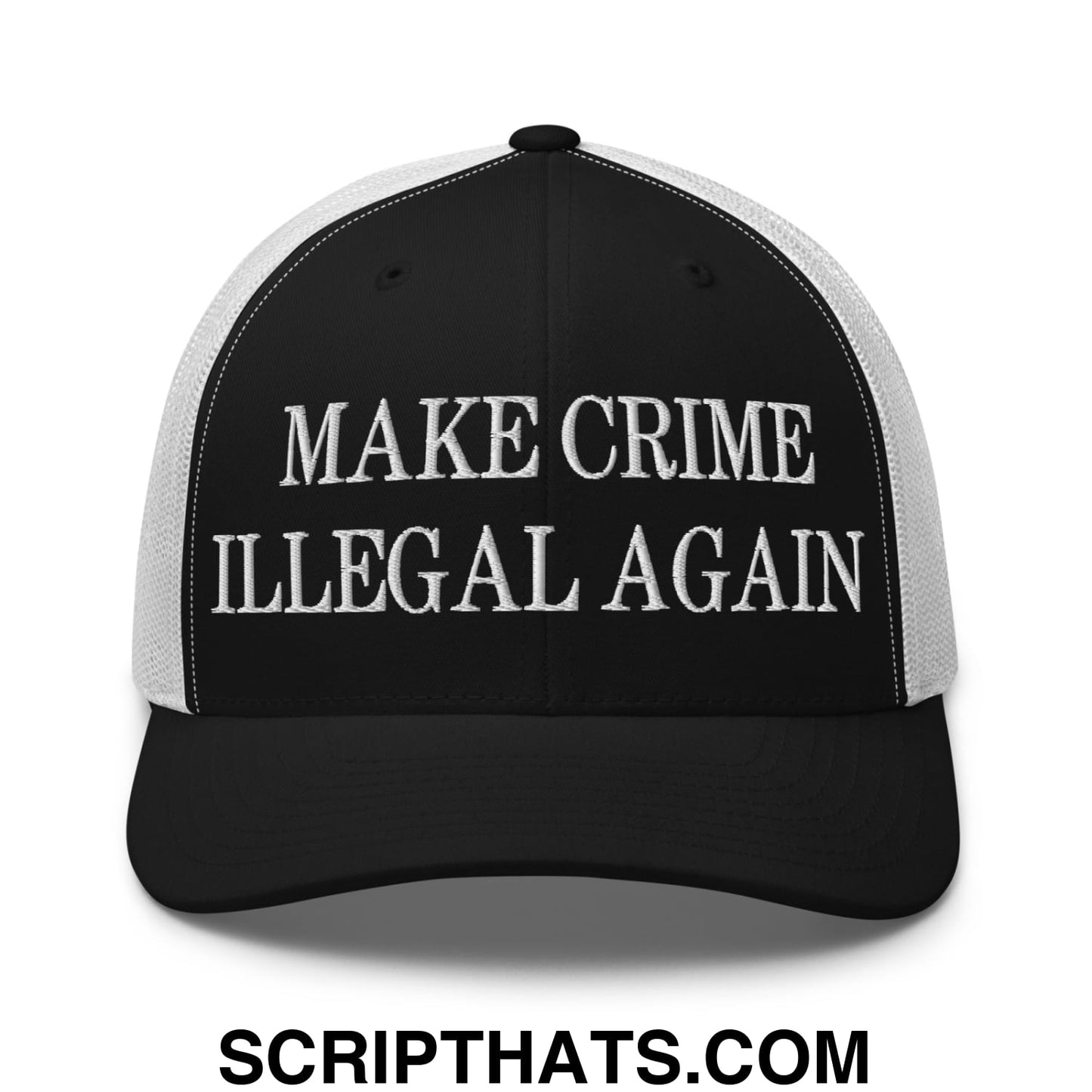 Make Crime Illegal Again Embroidered Mesh Trucker Hat Black White