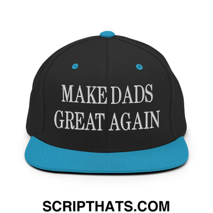 Black snapback cap with teal brim and button featuring white embroidered make dads great again text