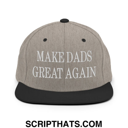 Gray and black snapback hat with white embroidered make dads great again text and flat bill brim