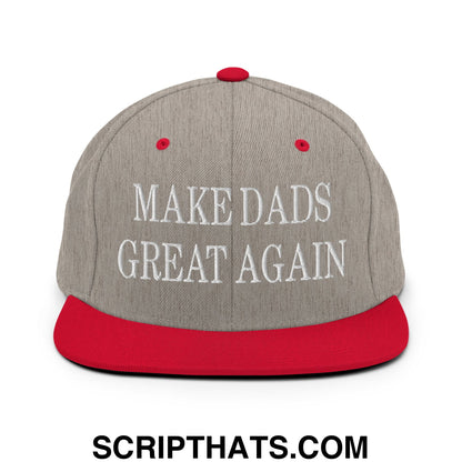 Gray and red snapback cap with white embroidered text make dads great again flat bill brim for casual wear