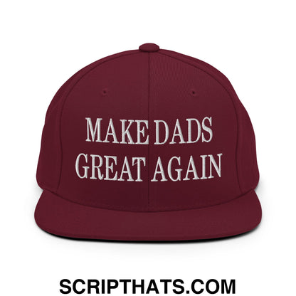 Maroon make dads great again embroidered flat bill brim snapback hat with white text for casual wear