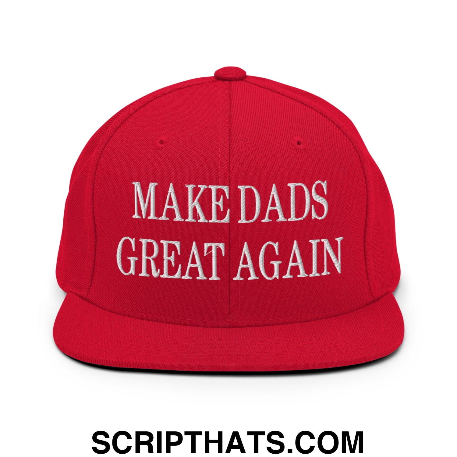 Red snapback cap with white embroidered make dads great again text and flat bill brim for casual wear