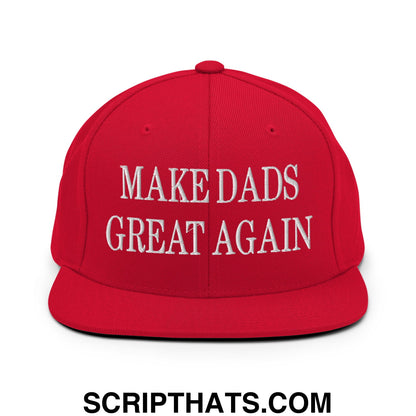 Red snapback cap with white embroidered make dads great again text and flat bill brim for casual wear