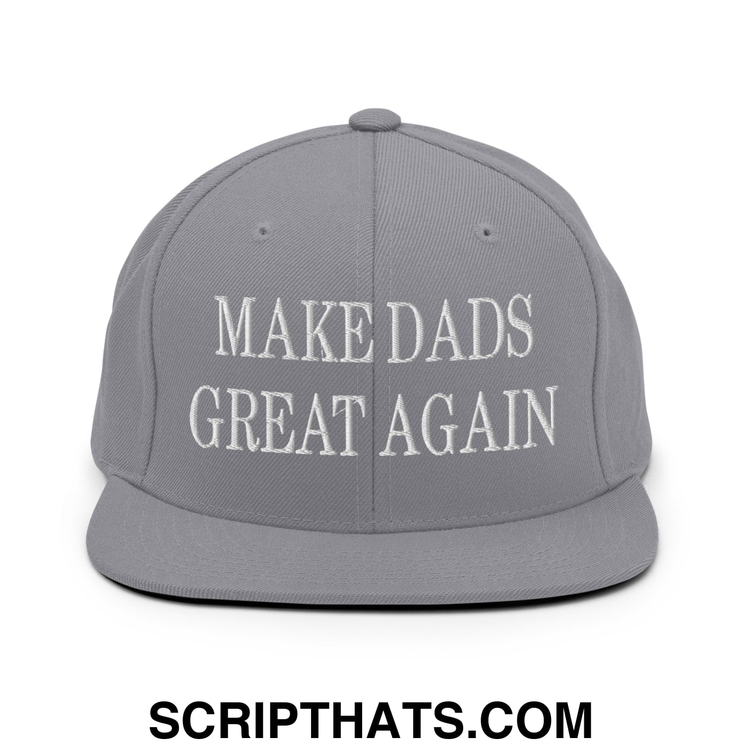Gray embroidered flat bill brim snapback hat with white text make dads great again for casual wear