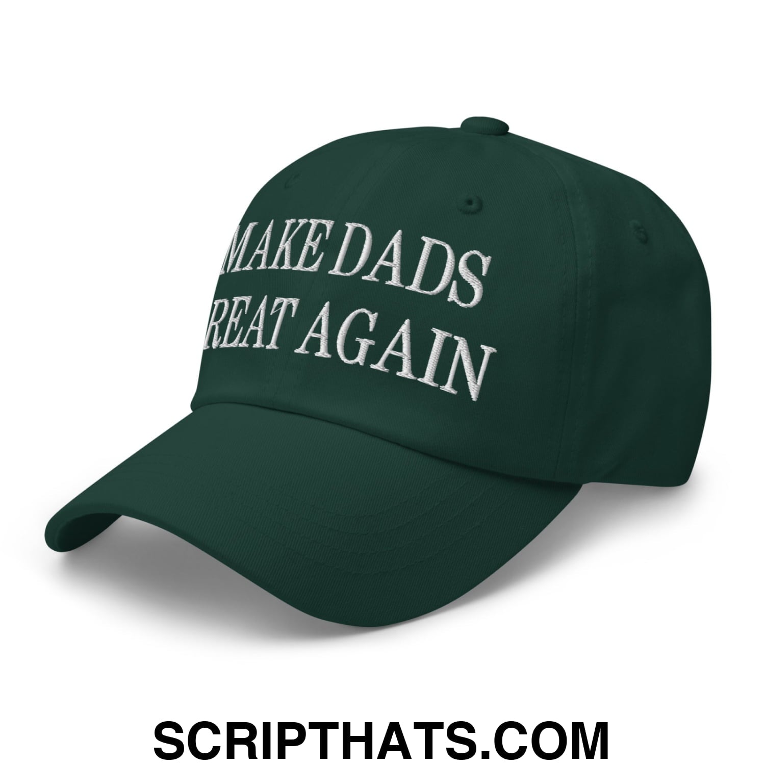 Dark green unstructured dad hat with white embroidered text make dads great again perfect for casual wear