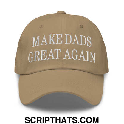 Tan embroidered unstructured dad hat with white text reading make dads great again for casual wear
