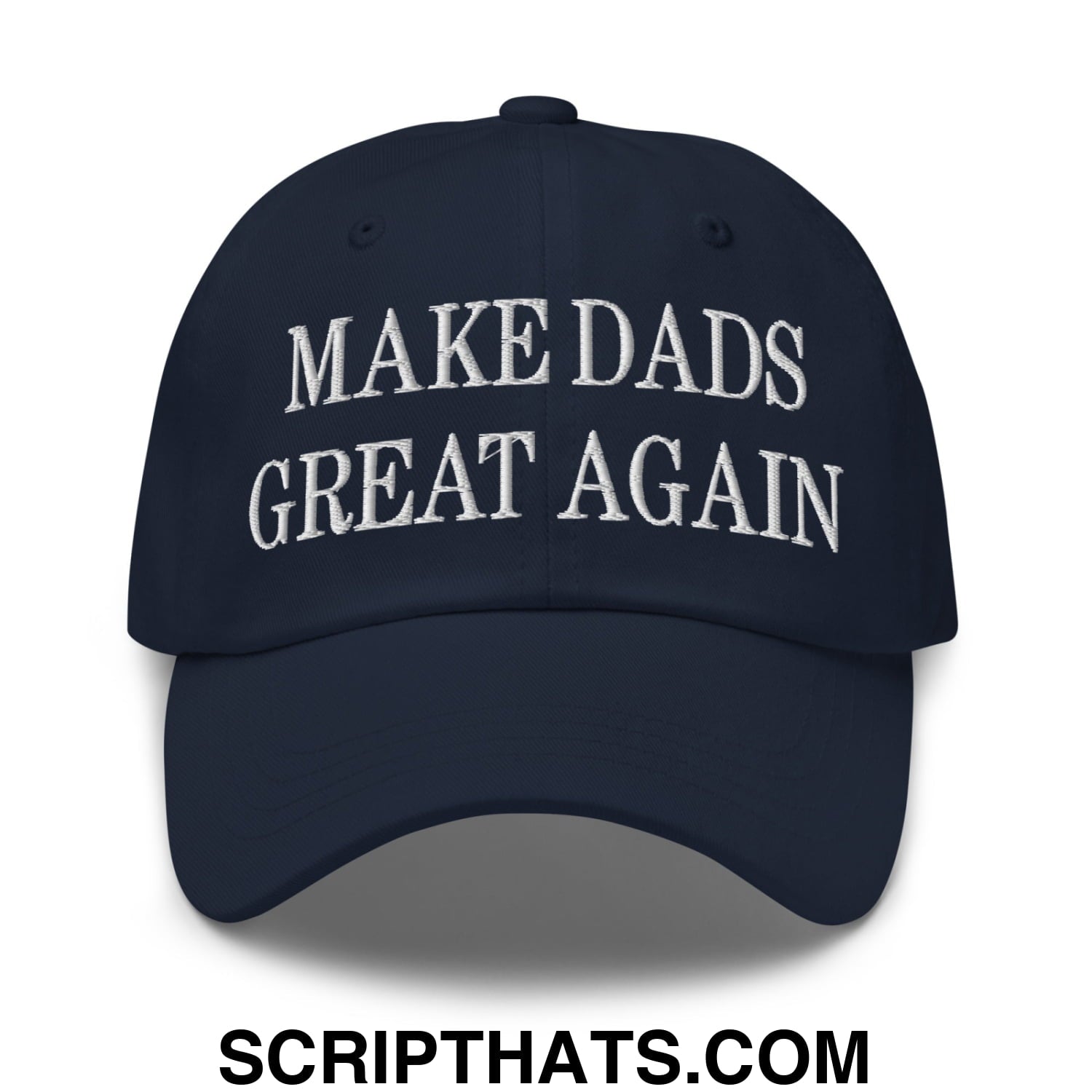 Navy blue embroidered unstructured dad hat with white make dads great again text for casual wear