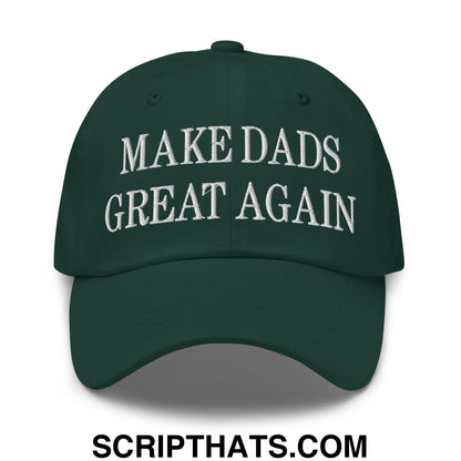 Dark green unstructured dad hat with white embroidered text make dads great again for casual wear