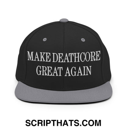 Black snapback cap with gray brim and white embroidered make deathcore great again text flat bill brim design