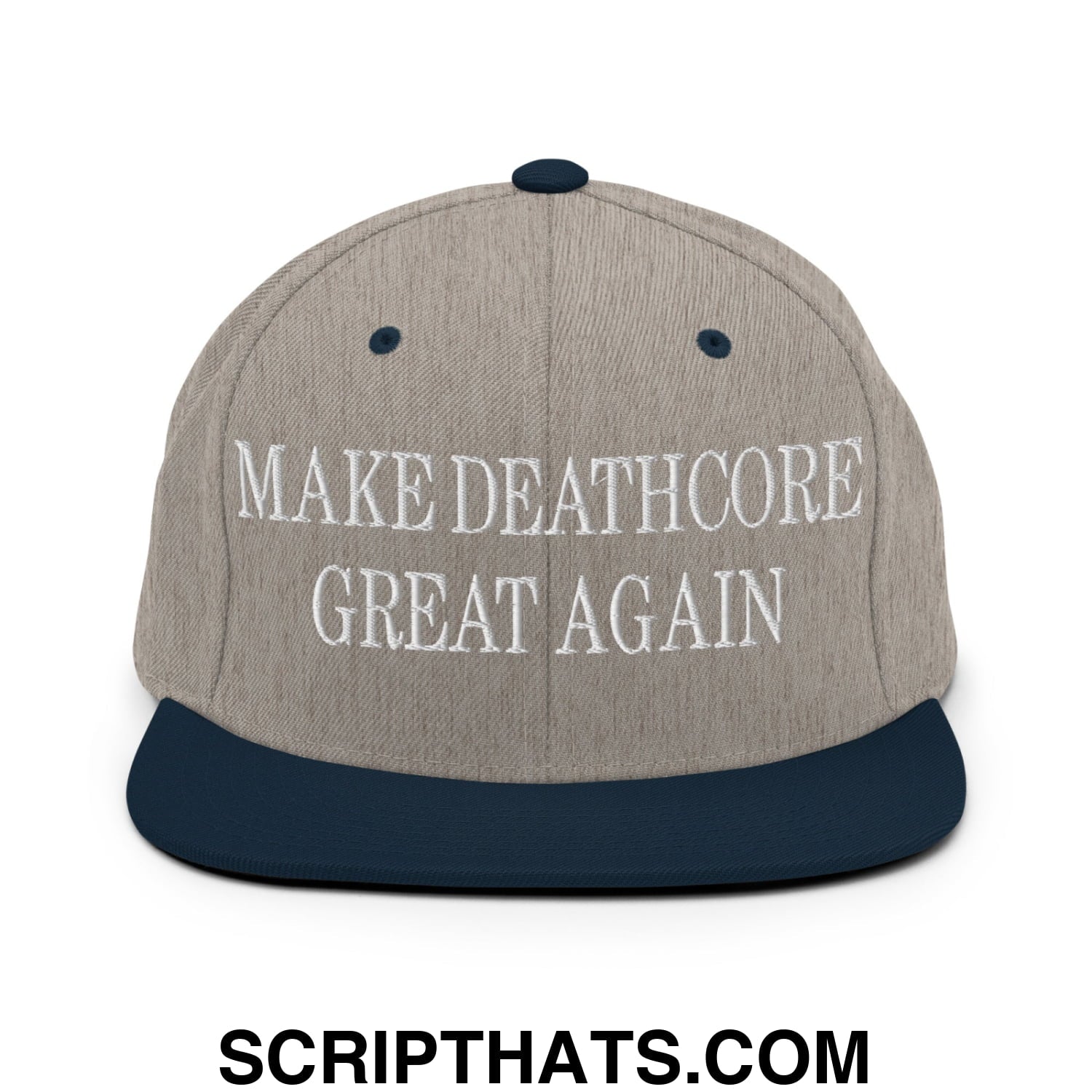 Gray and navy blue snapback hat with white embroidered make deathcore great again text and flat bill brim