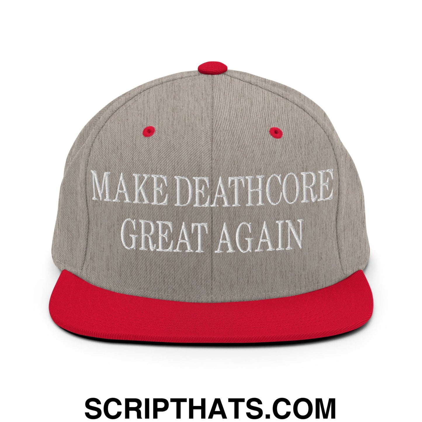 Gray and red snapback cap with white embroidered text make deathcore great again flat bill brim hat