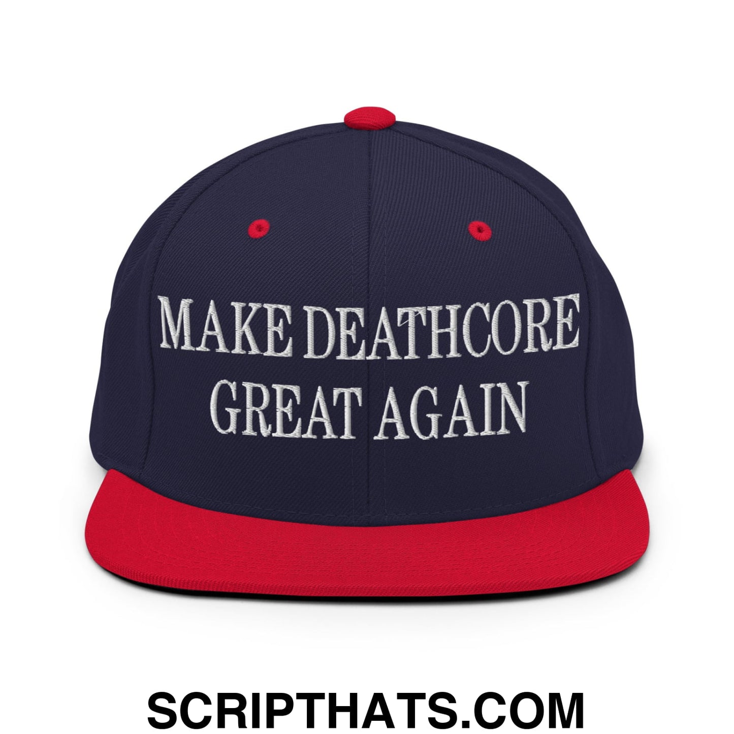 Navy blue and red snapback hat with white embroidered make deathcore great again text on flat bill brim