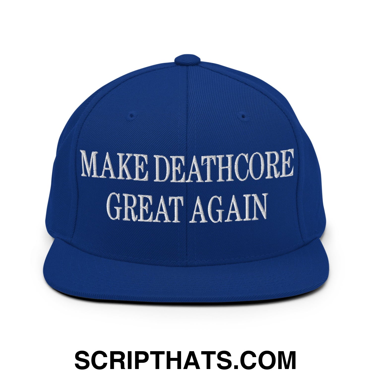 Royal blue flat bill snapback hat with white embroidered make deathcore great again text and adjustable closure