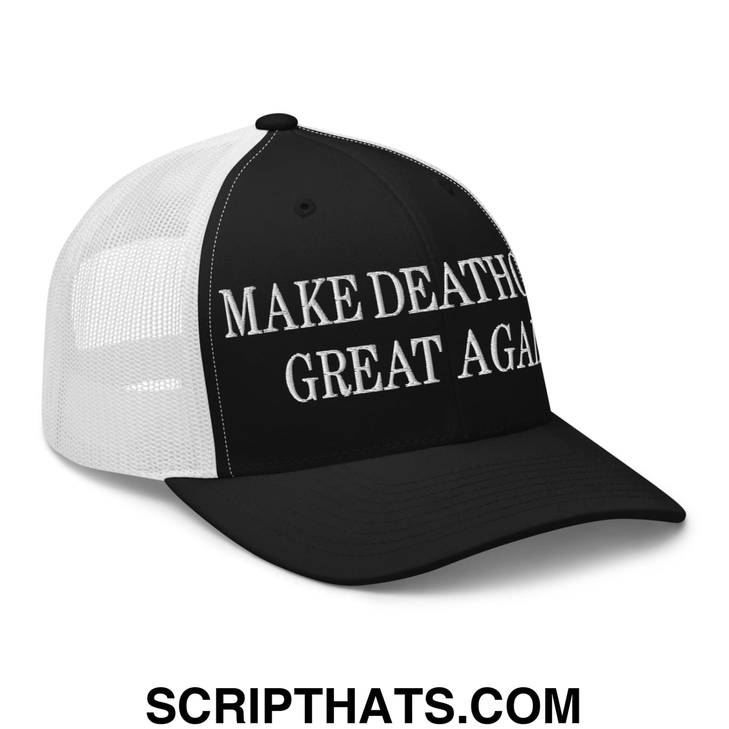 Black and white mesh trucker hat with embroidered make death great again text in bold capital letters