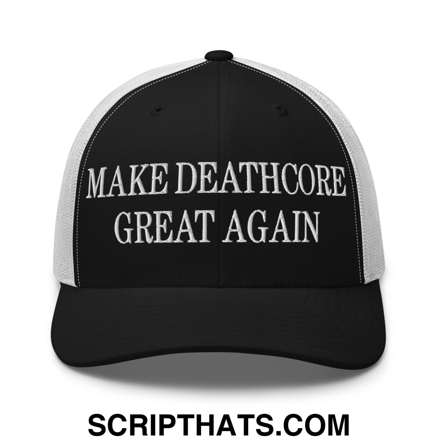 Black and white mesh trucker hat with embroidered make deathcore great again text in bold capital letters
