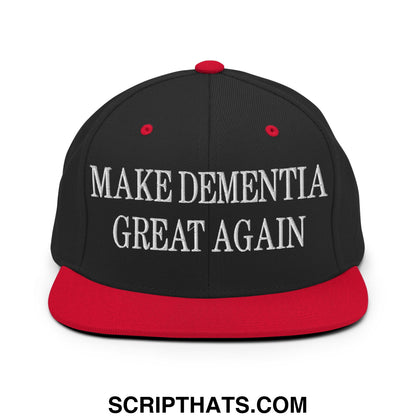 Black and red snapback cap with white embroidered make dementia great again text and flat bill brim design
