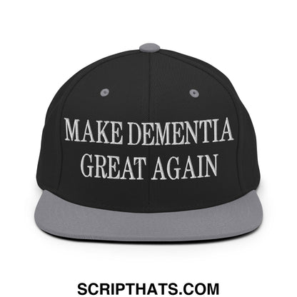 Black snapback cap with gray flat bill and white embroidered make dementia great again text on front