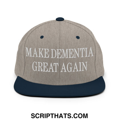 Gray and navy blue snapback hat with white embroidered make dementia great again text and flat bill brim design