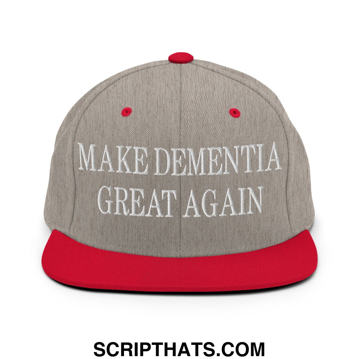 Gray and red snapback cap with a flat bill brim and white embroidered make dementia great again text