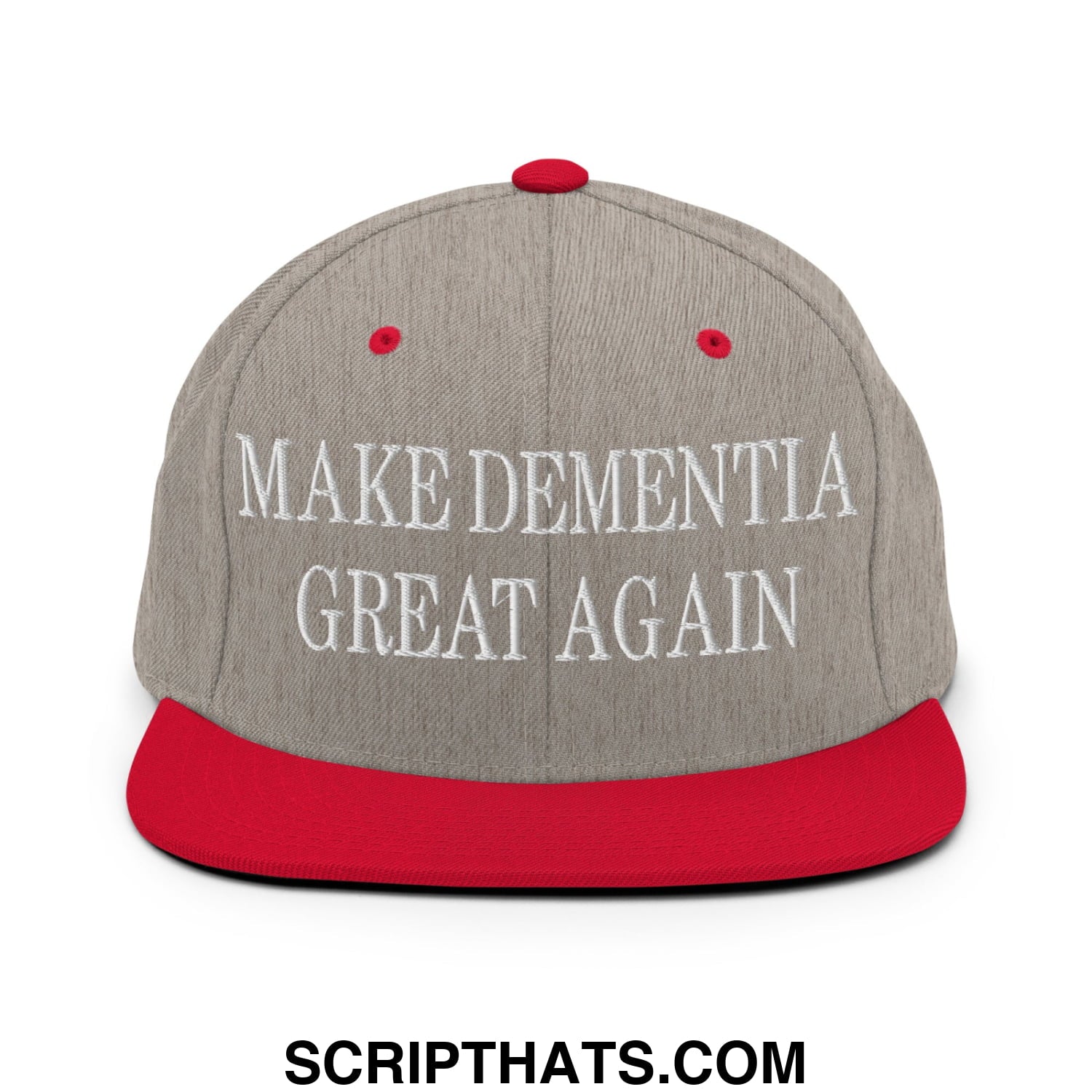 Gray and red snapback cap with a flat bill brim and white embroidered make dementia great again text