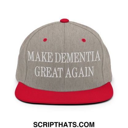 Gray and red snapback cap with a flat bill brim and white embroidered make dementia great again text