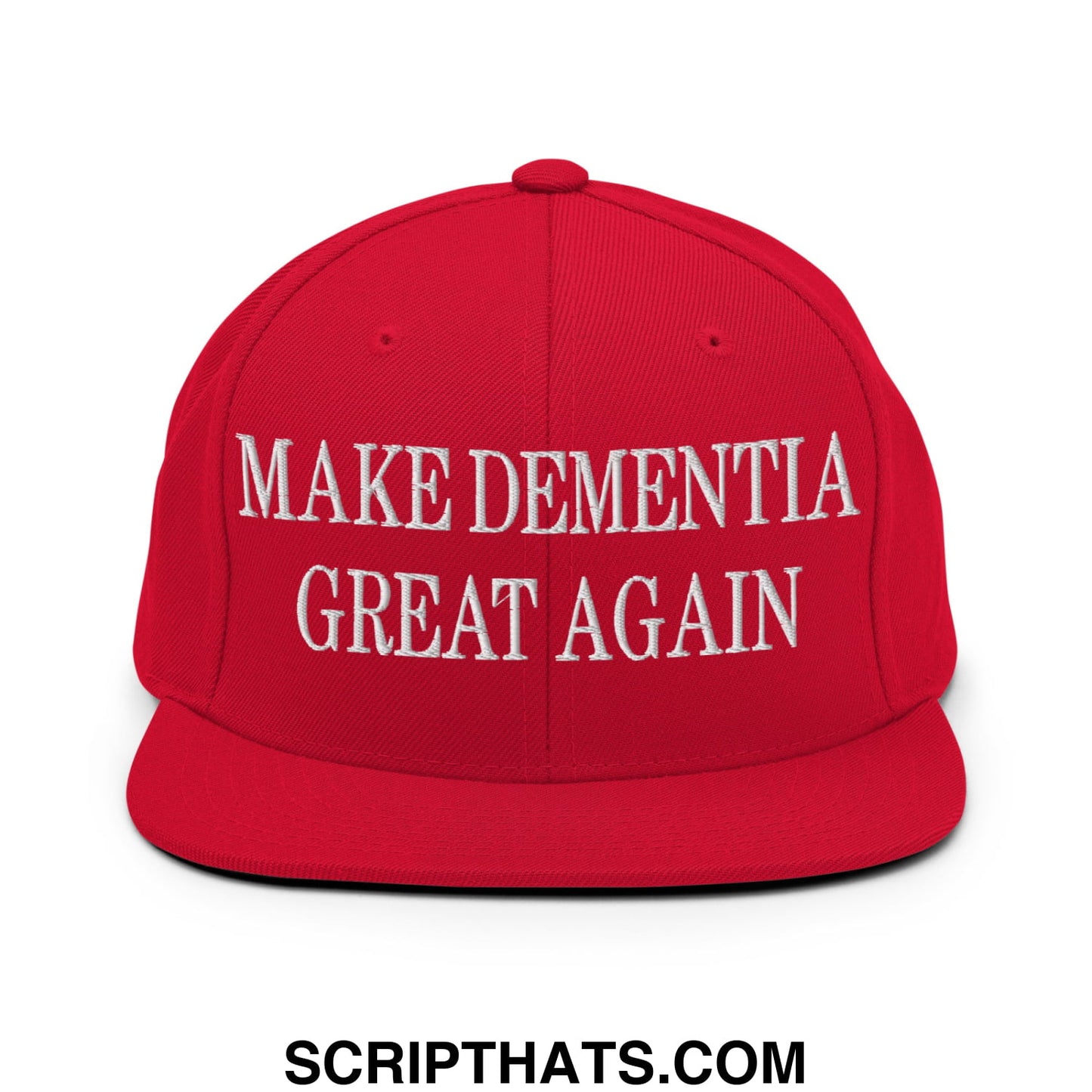 Red snapback cap with white embroidered make dementia great again text and flat bill brim for casual wear