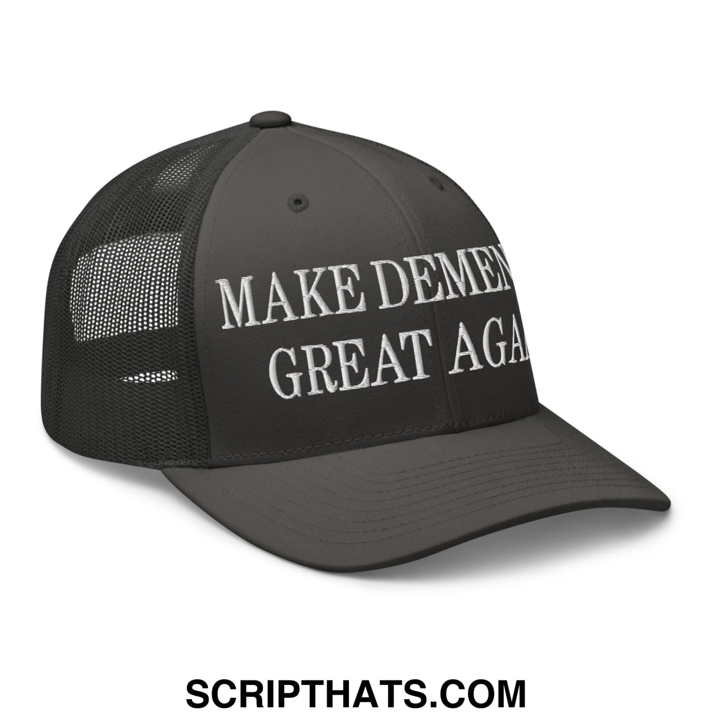 Black mesh trucker hat with white embroidered make dementia great again text on front panel