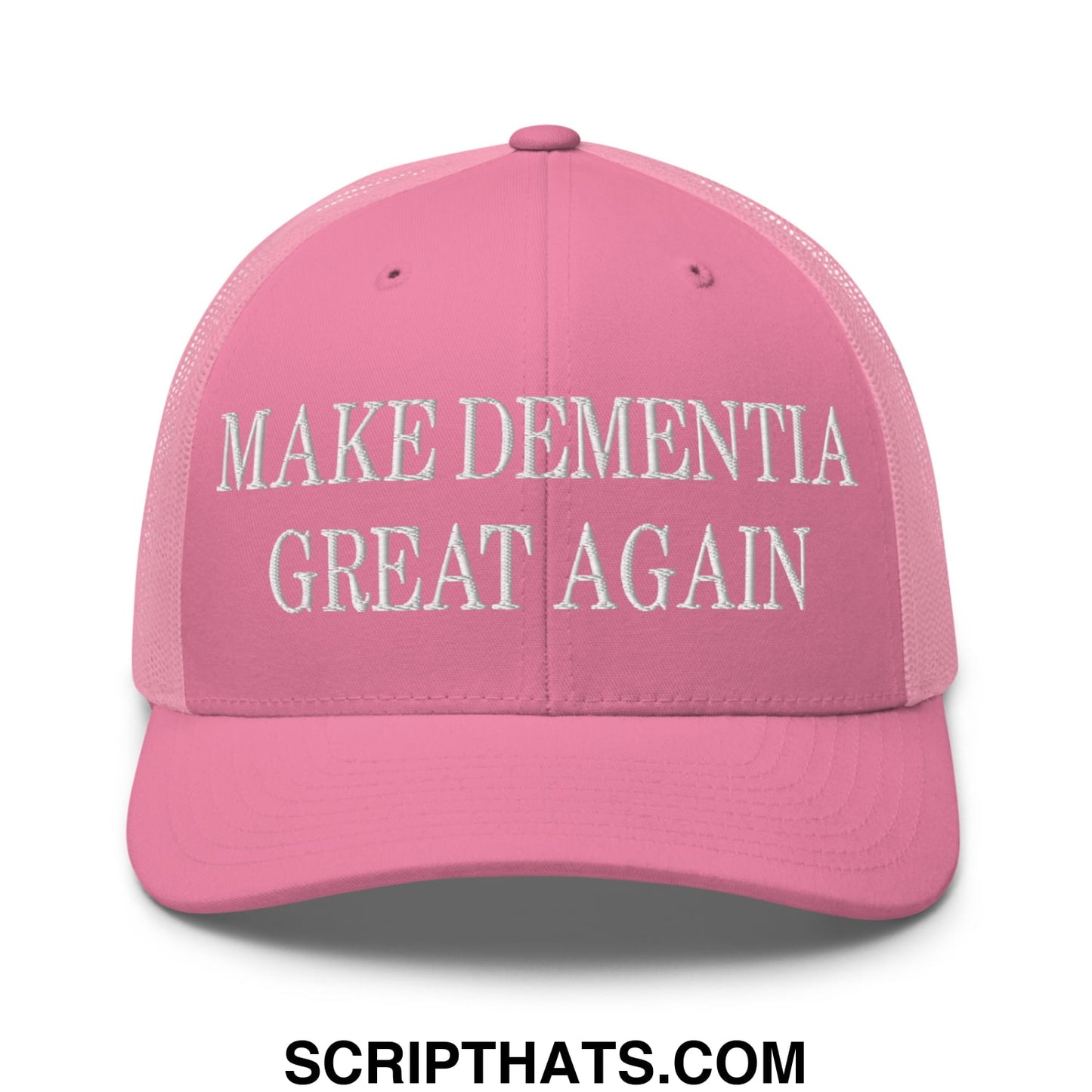 Pink mesh trucker hat with white embroidered make dementia great again text for casual wear