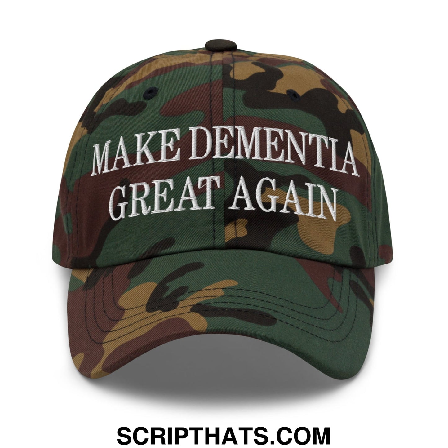 A camouflage embroidered unstructured dad hat with white text reading make dementia great again on the front