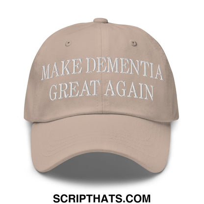 Beige unstructured dad hat with white embroidered text reading make dementia great again for casual wear