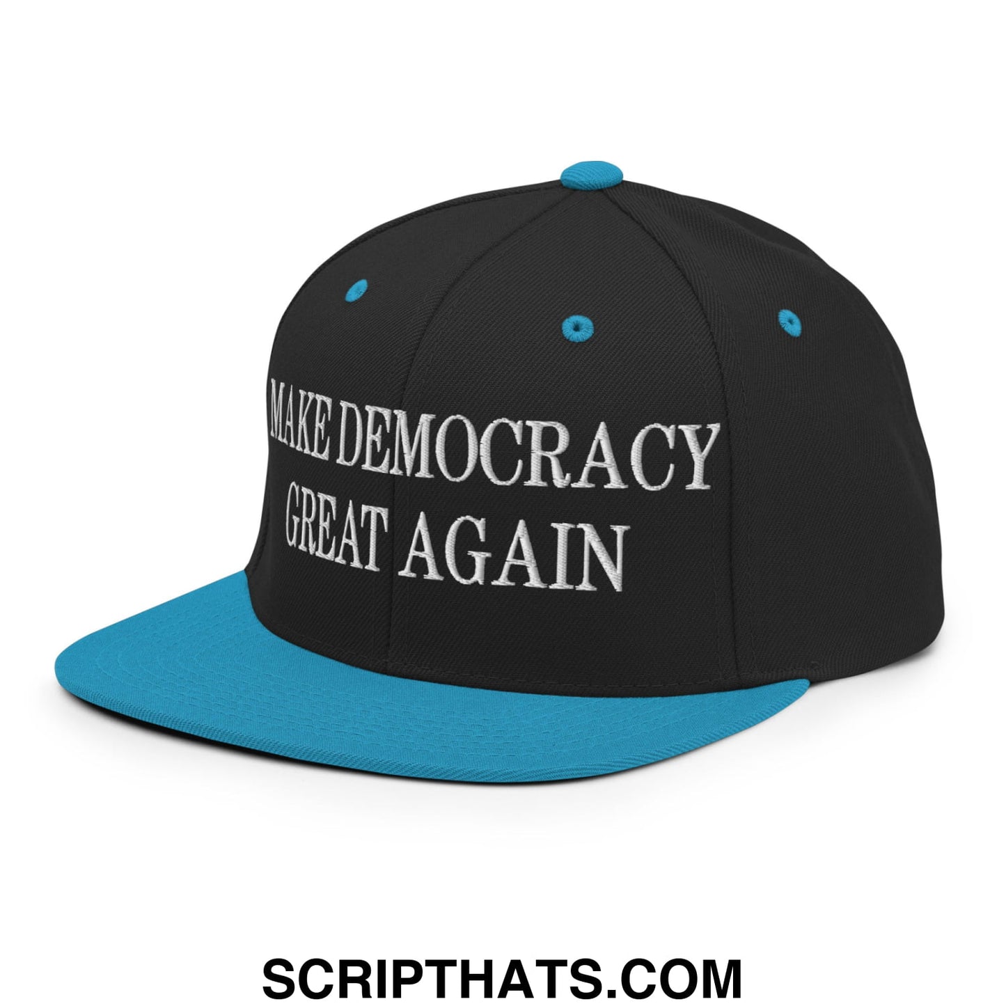 Black and teal snapback hat with white embroidered make democracy great again text and flat bill brim