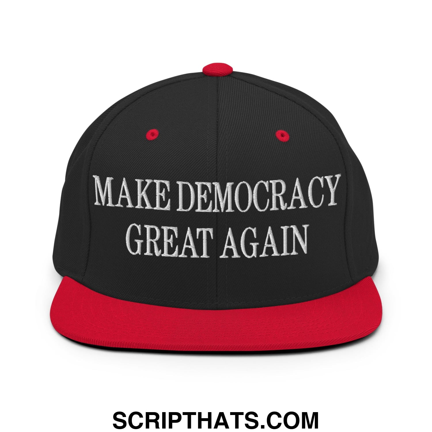 Black snapback cap with red brim and white embroidered make democracy great again text on front panel
