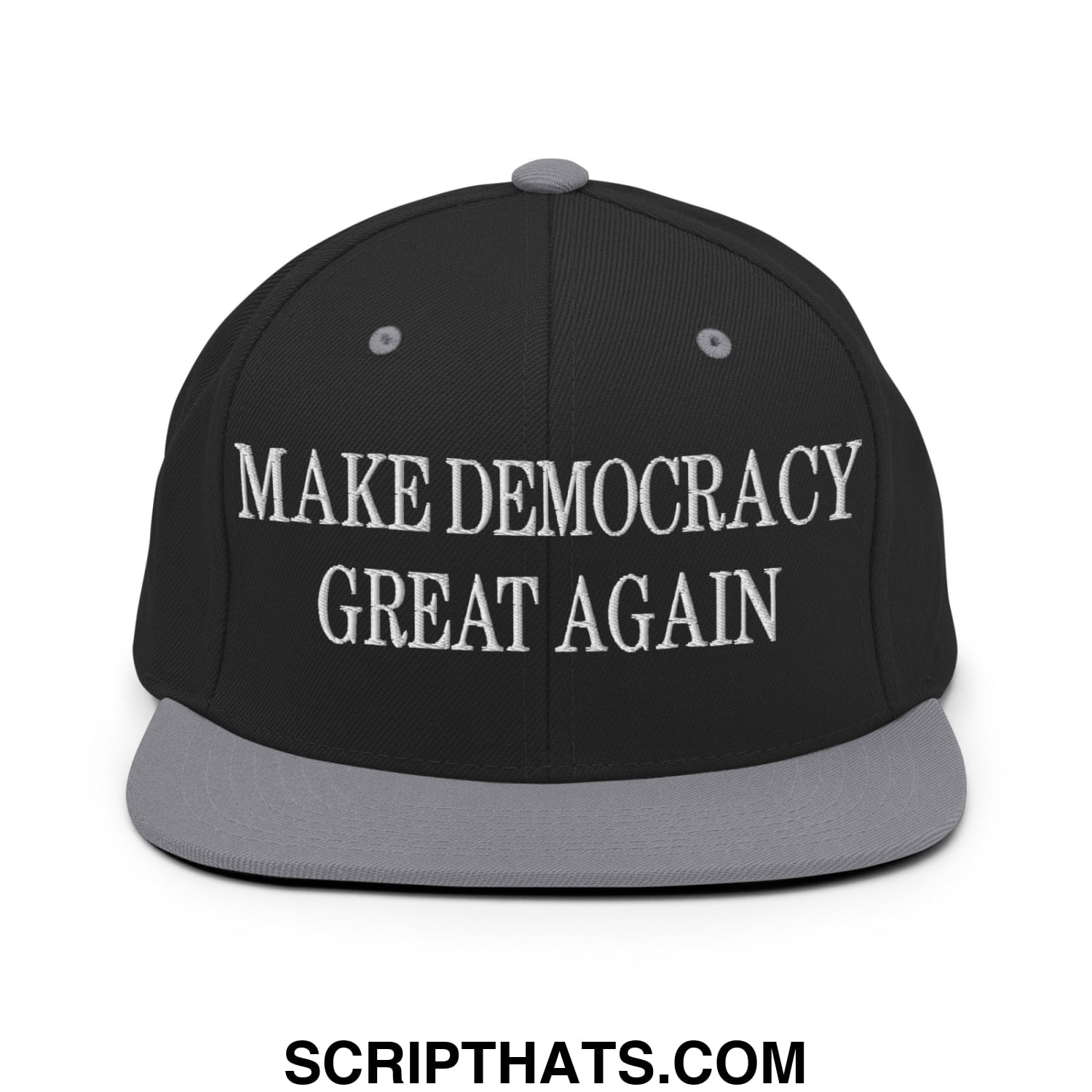 Black snapback cap with gray brim and white embroidered text make democracy great again flat bill brim hat