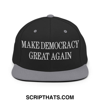 Black snapback cap with gray brim and white embroidered text make democracy great again flat bill brim hat