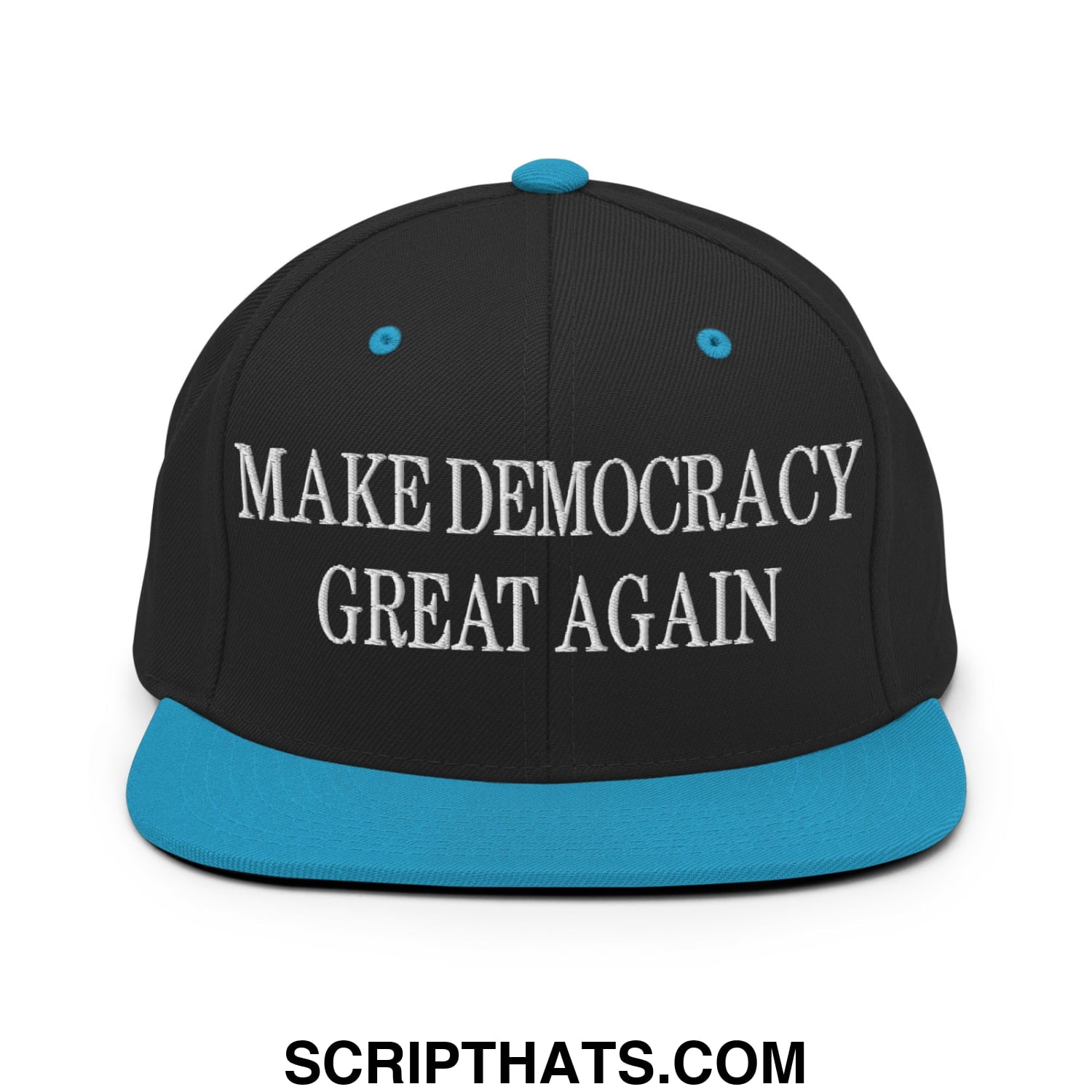 Black snapback cap with teal brim and button featuring white embroidered make democracy great again text