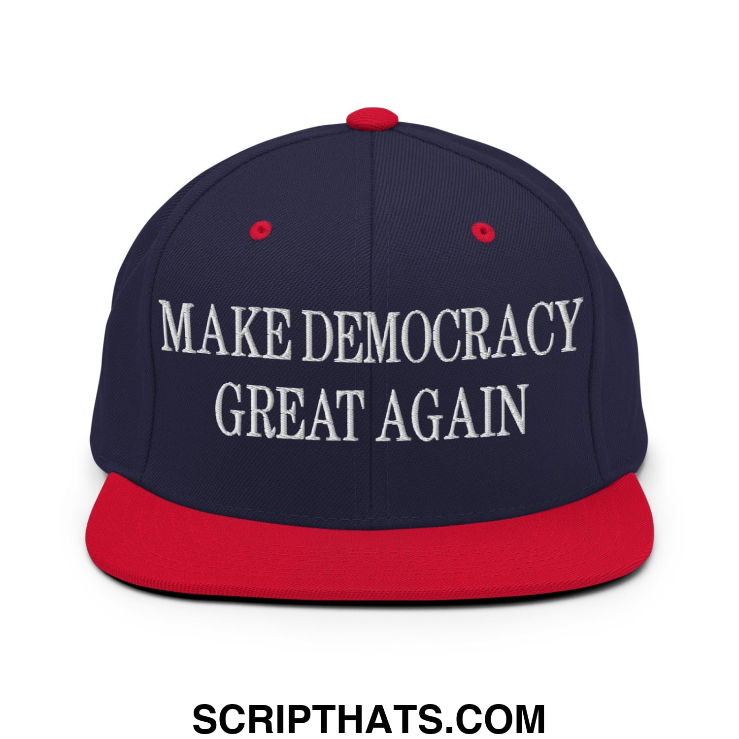 Navy blue and red snapback hat with white embroidered make democracy great again text and flat bill brim