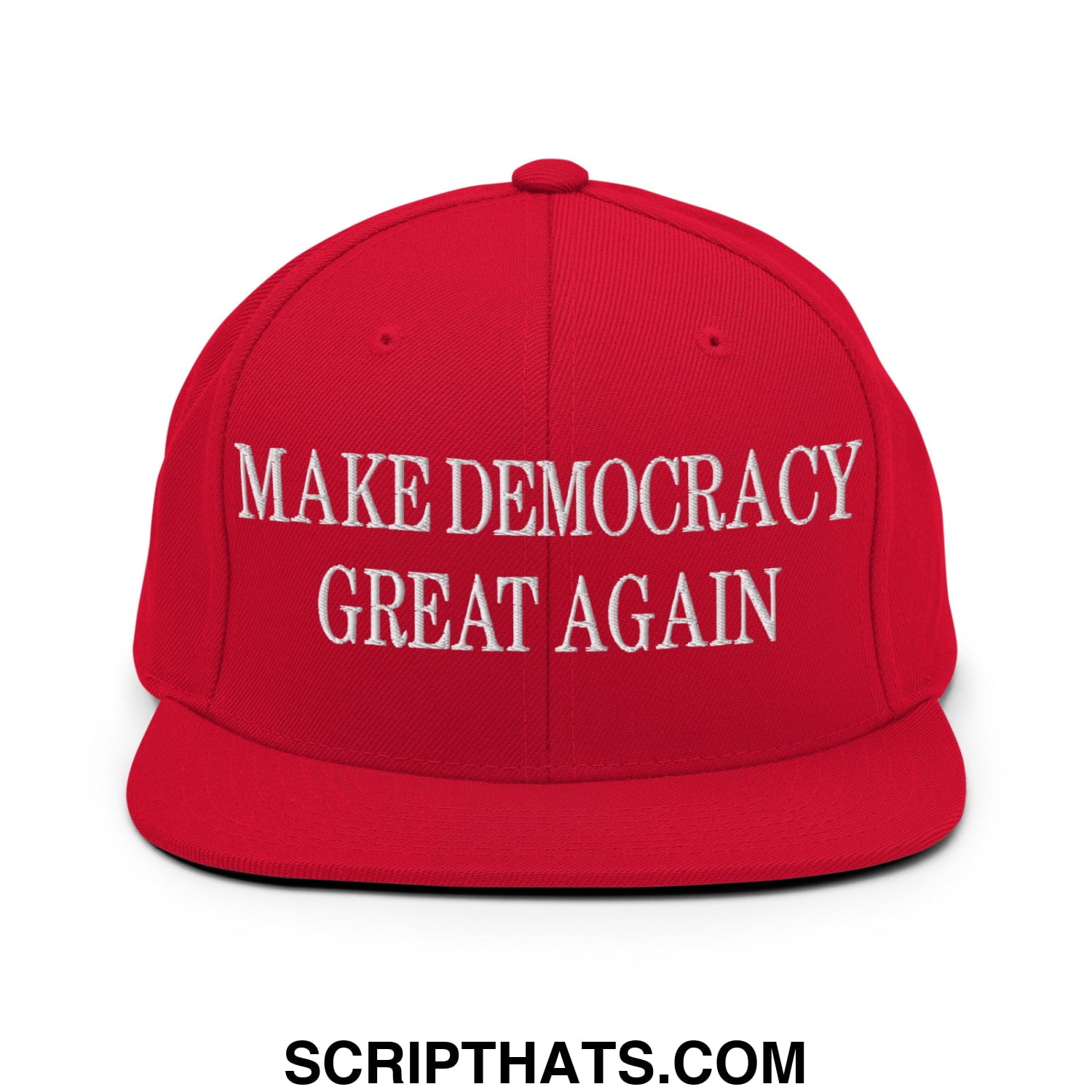 Red snapback cap with white embroidered make democracy great again text and flat bill brim design