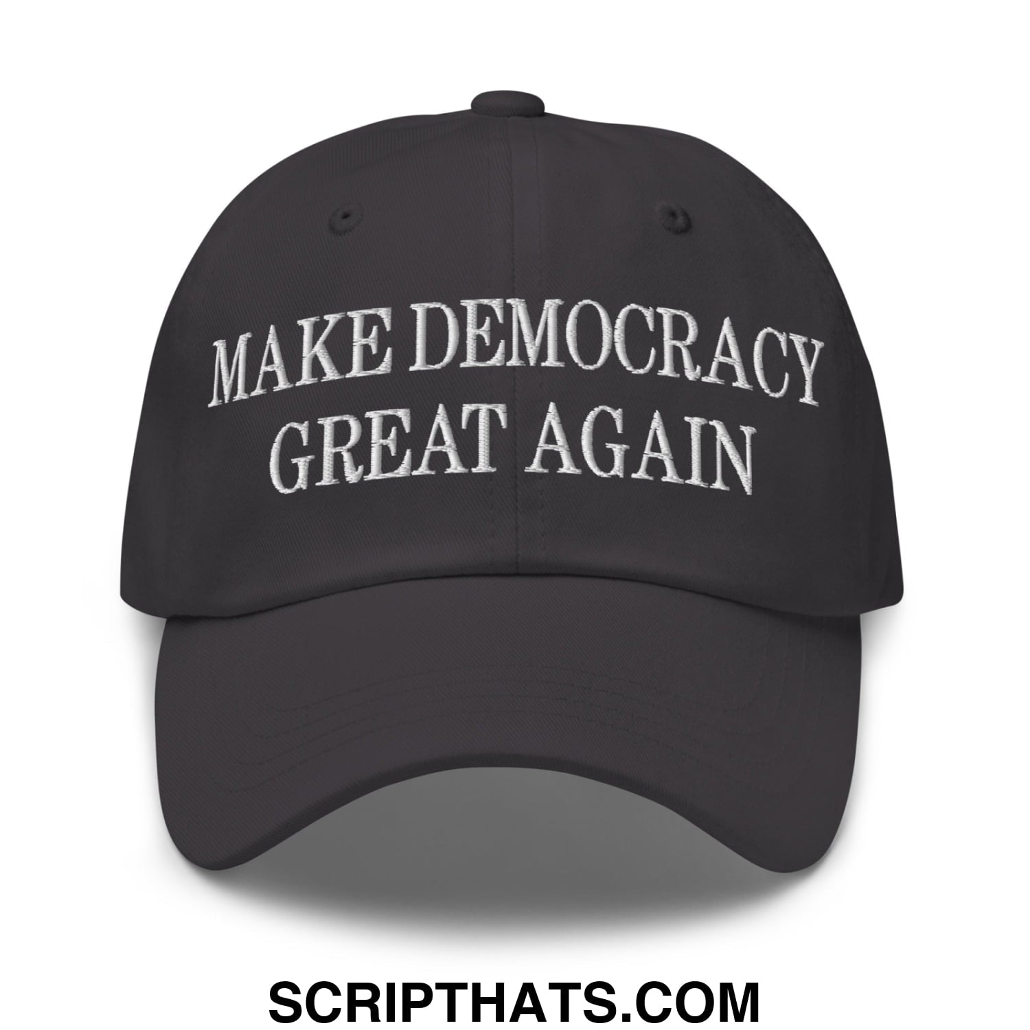 Black unstructured dad hat with white embroidered text make democracy great again on the front