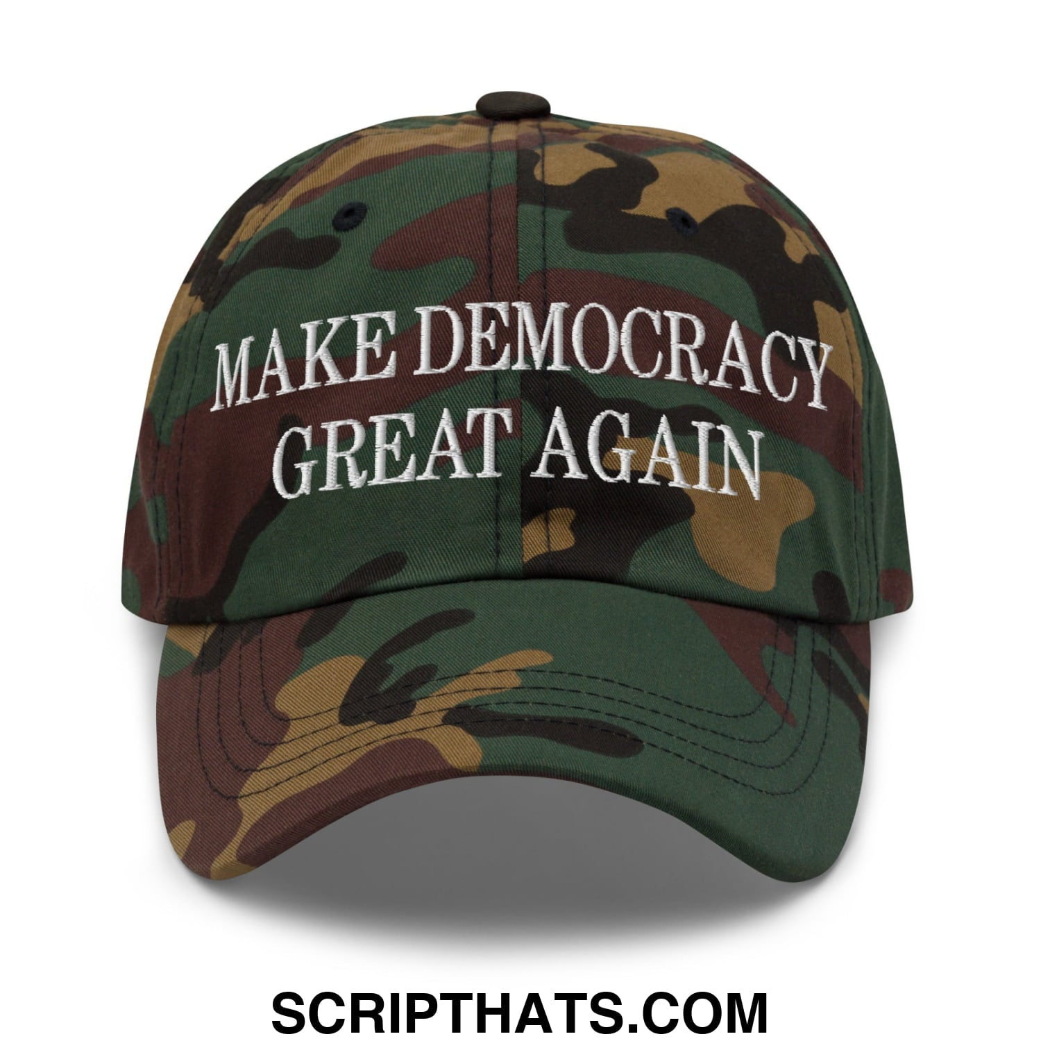 A camouflage unstructured dad hat with make democracy great again embroidered in white thread on the front