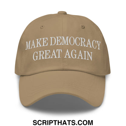 Tan unstructured dad hat with white embroidered text make democracy great again for casual wear
