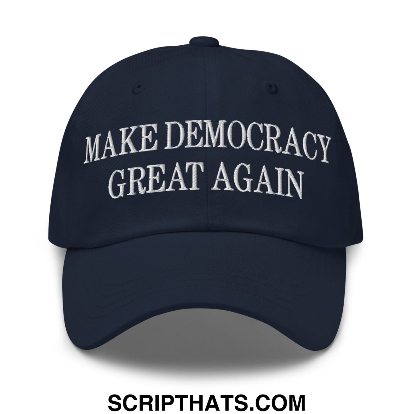 Navy blue unstructured dad hat with white embroidered make democracy great again text ideal for casual wear