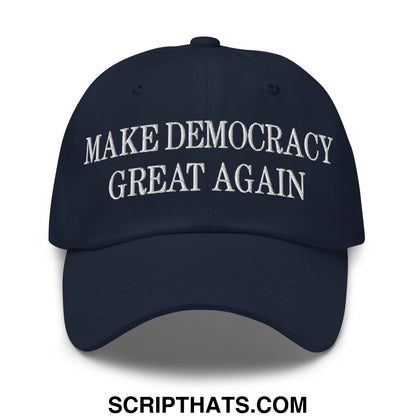 Navy blue unstructured dad hat with white embroidered make democracy great again text ideal for casual wear
